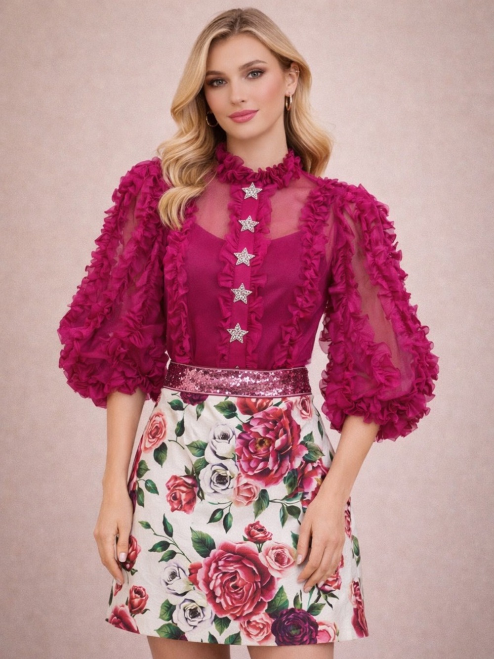 Sheer Fuchsia Ruffle Top The Brynne - Picture 2 of 8